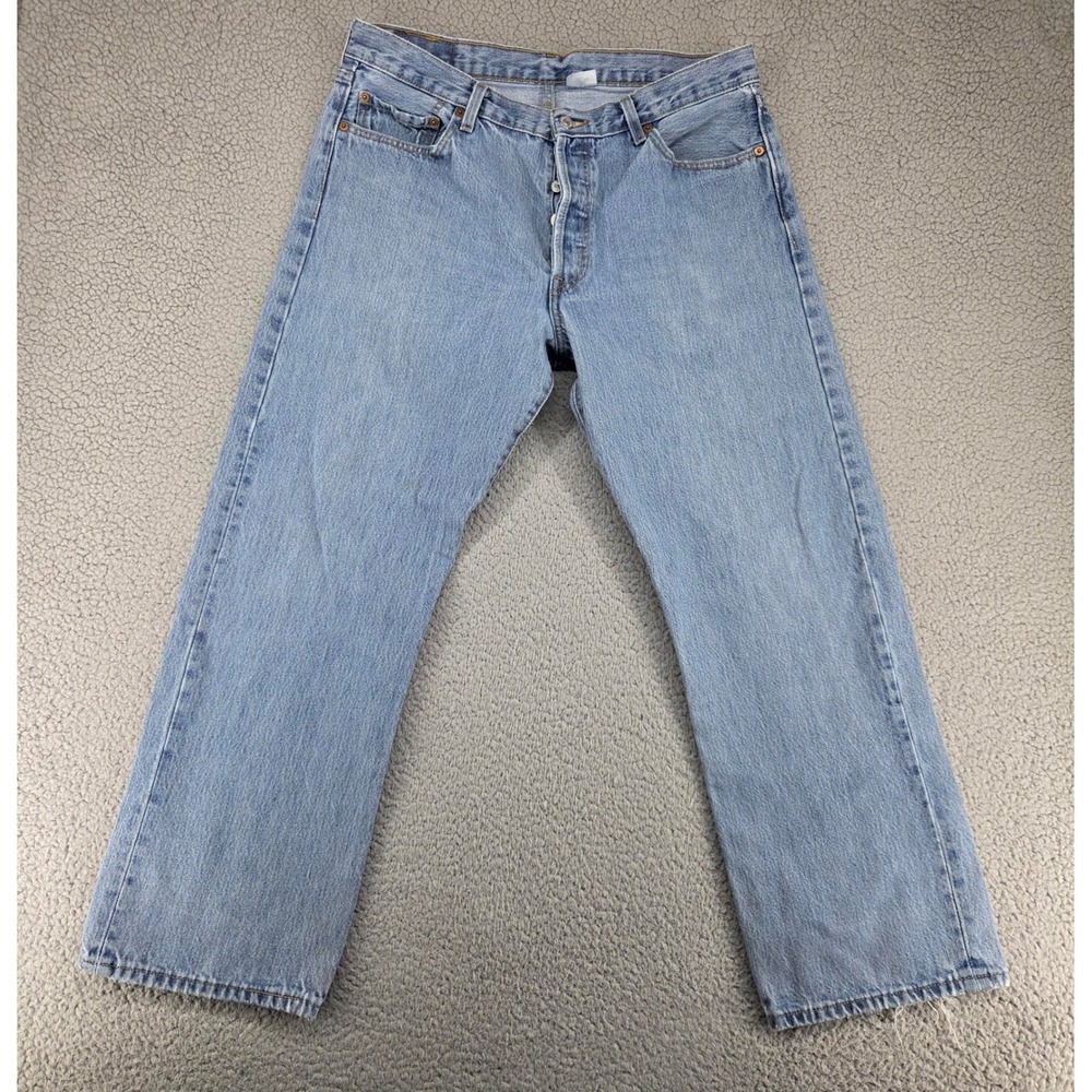 Levis 501 Jeans Mens 36x29 Light Wash Blue Straight Leg Button Fly
